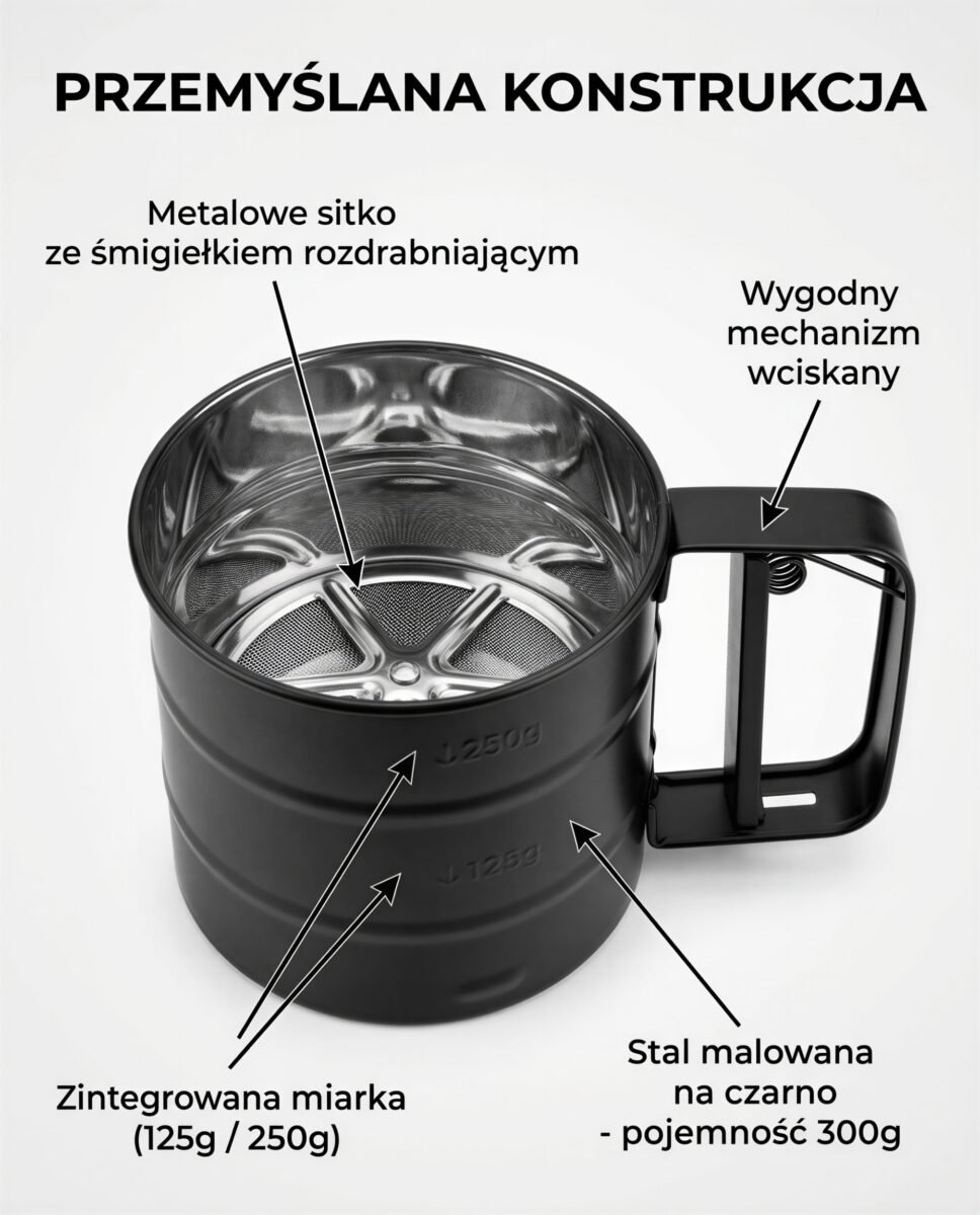 PRZESIEWACZ SITKO KUCHENNE DO MĄKI I CUKRU PUDRU STALOWY 300 G CZARNY, zdjęcie 7