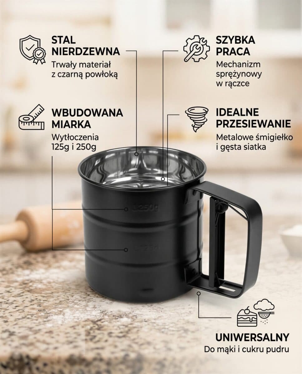PRZESIEWACZ SITKO KUCHENNE DO MĄKI I CUKRU PUDRU STALOWY 300 G CZARNY, zdjęcie 9