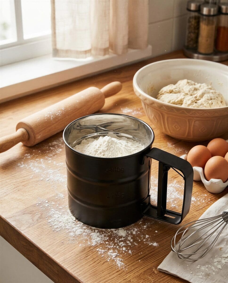 PRZESIEWACZ SITKO KUCHENNE DO MĄKI I CUKRU PUDRU STALOWY 300 G CZARNY, zdjęcie 10