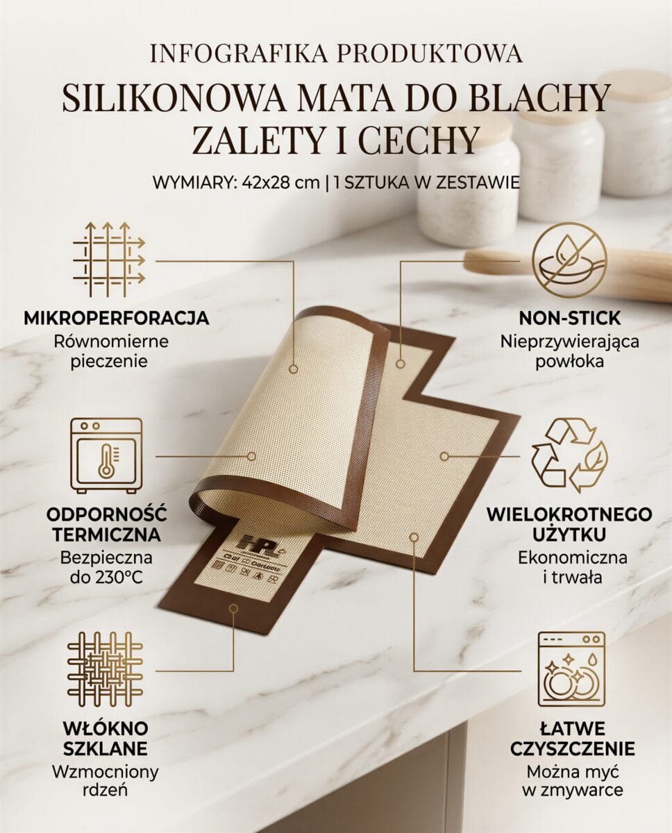 SILIKONOWA MATA DO BLACHY DO PIECZENIA 42×28 CM PROSTOKĄT WŁÓKNO SZKLANE, zdjęcie 9