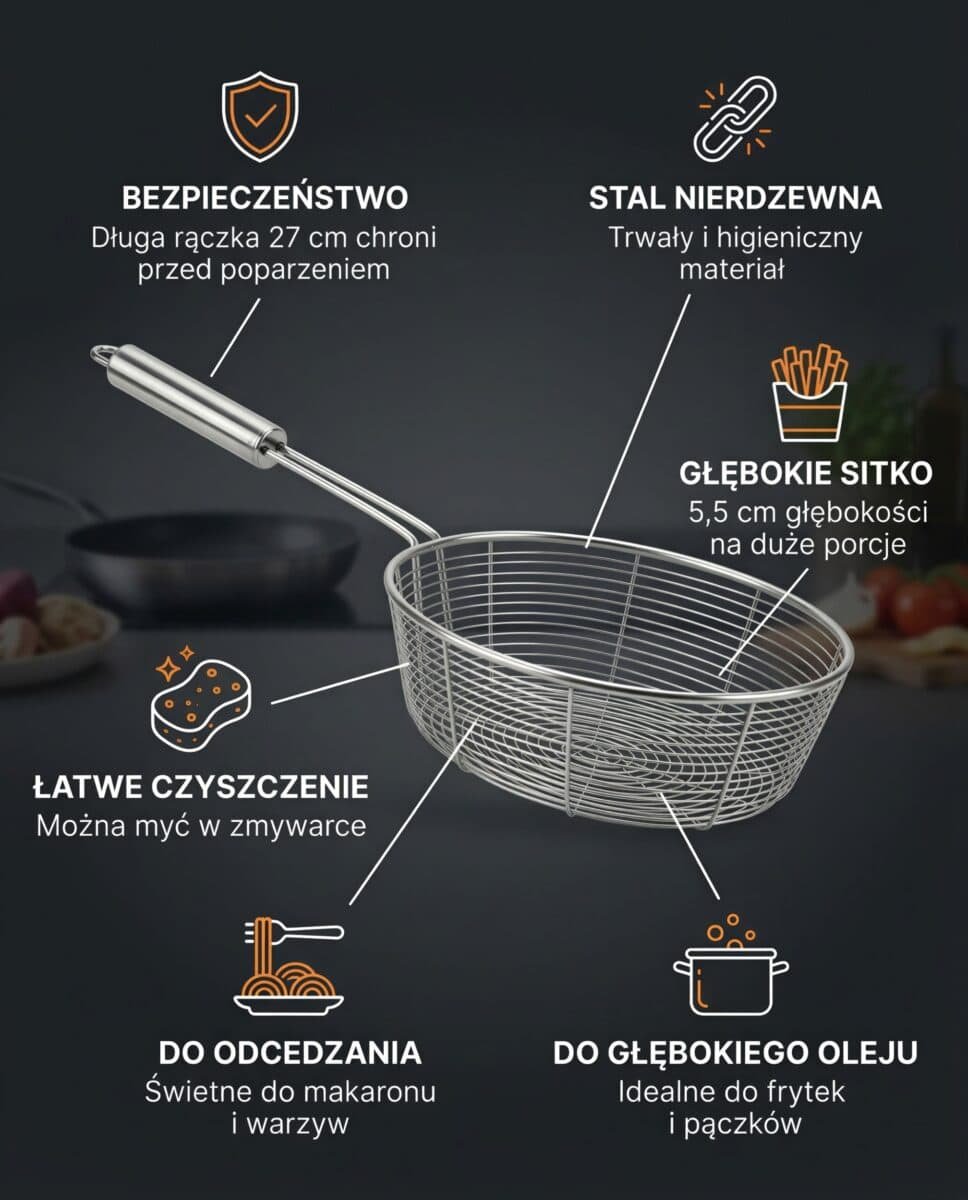 SITKO DO GŁĘBOKIEGO SMAŻENIA FRYTEK PĄCZKÓW CEDZAK Z RĄCZKĄ STALOWE, zdjęcie 9