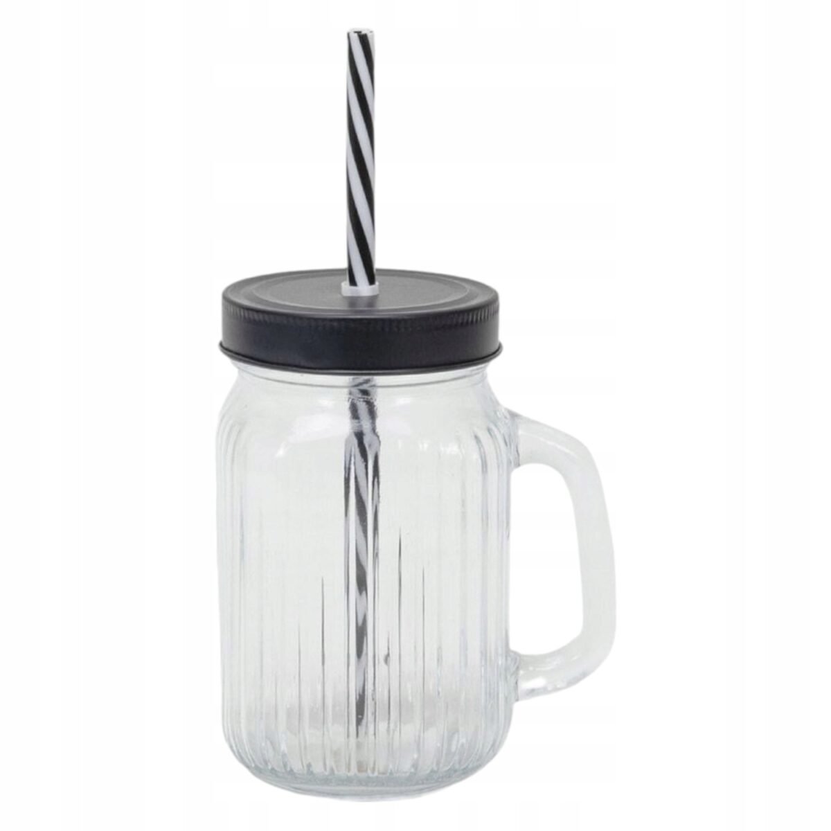 SŁOIK RYFLOWANY DO NAPOJÓW ZE SŁOMKĄ SZKLANY KUBEK 450ml CZARNY, zdjęcie 1