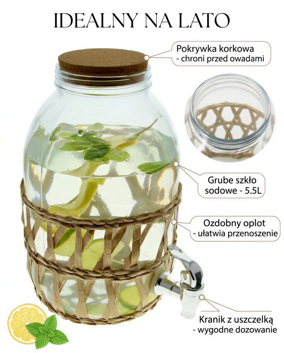 SŁÓJ Z KRANIKIEM SŁOIK SZKLANY 5,5 L PRZEŹROCZYSTY DO WODY LEMONIADY 29 CM, zdjęcie 11