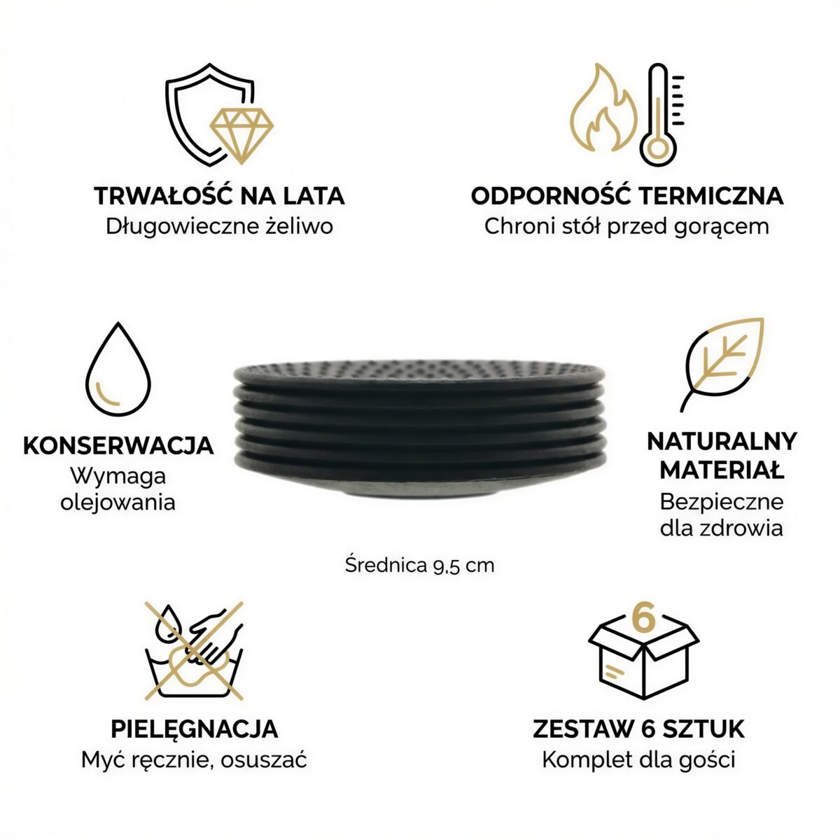 SPODKI ŻELIWNE POD CZARKI FILIŻANKI DO HERBATY Ø 9,5 CM CZARNE ZESTAW 6 SZT, zdjęcie 8