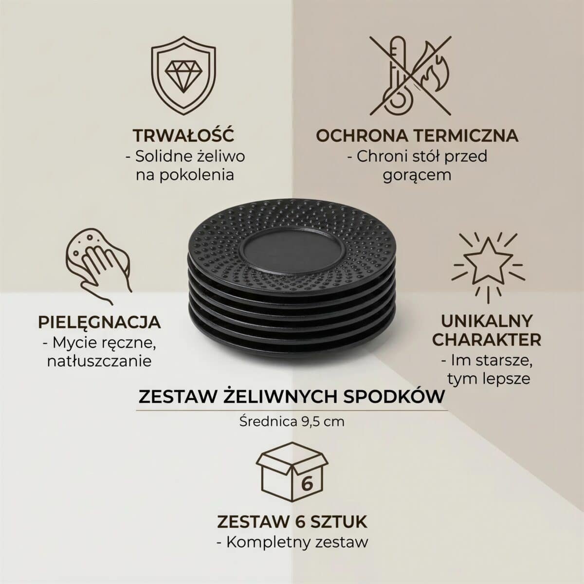 SPODKI ŻELIWNE POD CZARKI FILIŻANKI DO HERBATY Ø 9,5 CM CZARNE ZESTAW 6 SZT, zdjęcie 15