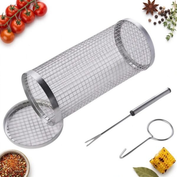STALOWY KOSZ DO GRILLOWANIA WARZYW FRYTEK ZIEMIAKÓW OBROTOWA TUBA 20 CM