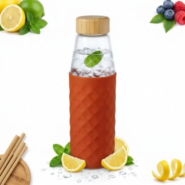 SZKLANA BUTELKA BIDON NA WODĘ 500 ML BURSZTYNOWY SILIKON BAMBUS