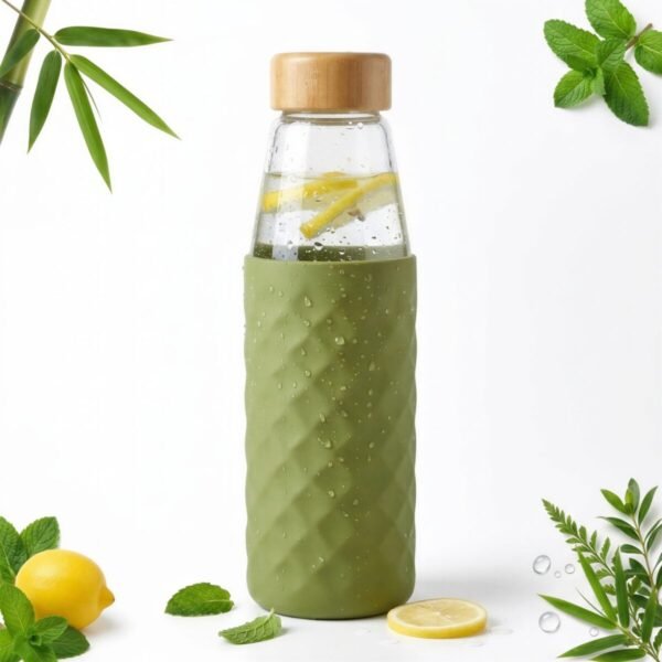 SZKLANA BUTELKA BIDON NA WODĘ SOK 500 ML ZIELONA SILIKON BAMBUS EKO