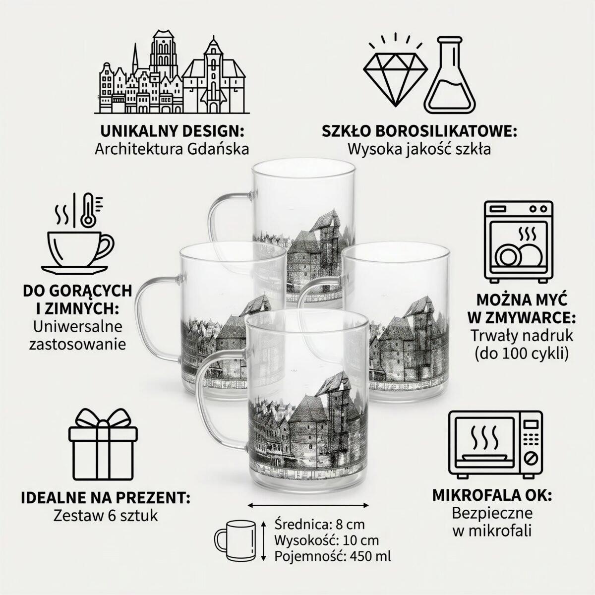 SZKLANKA KUBEK NADRUK MIASTO GDAŃSK 400 ML ZESTAW 6 SZKLANEK KUBKÓW SZKŁO, zdjęcie 8