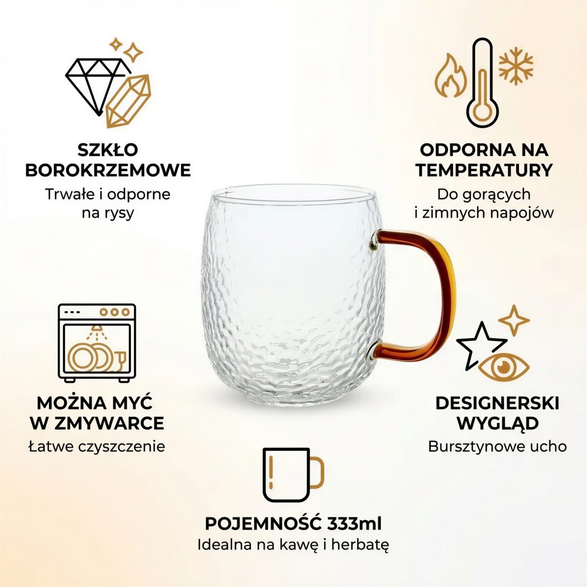 SZKLANKA KUBEK SZKLANY 330ml PRZEZROCZYSTY Z BURSZTYNOWE UCHO DO KAWY HERBATY, zdjęcie 8