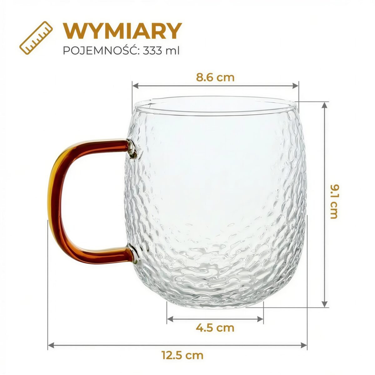 SZKLANKA KUBEK SZKLANY 330ml PRZEZROCZYSTY Z BURSZTYNOWE UCHO DO KAWY HERBATY, zdjęcie 12
