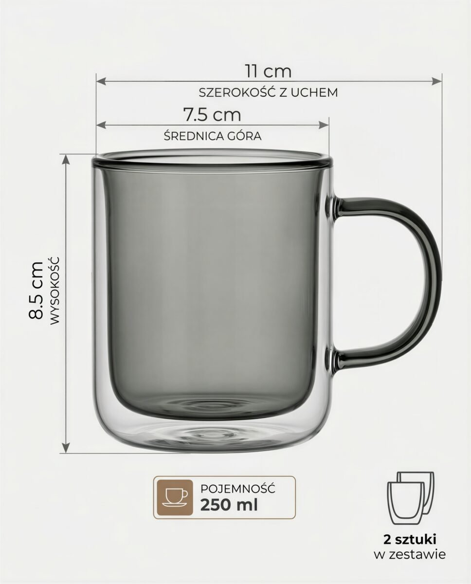 SZKLANKI TERMICZNE 250 ML ZESTAW 2 SZT. SZARE SZKŁO BOROKRZEMOWE DO KAWY, zdjęcie 11