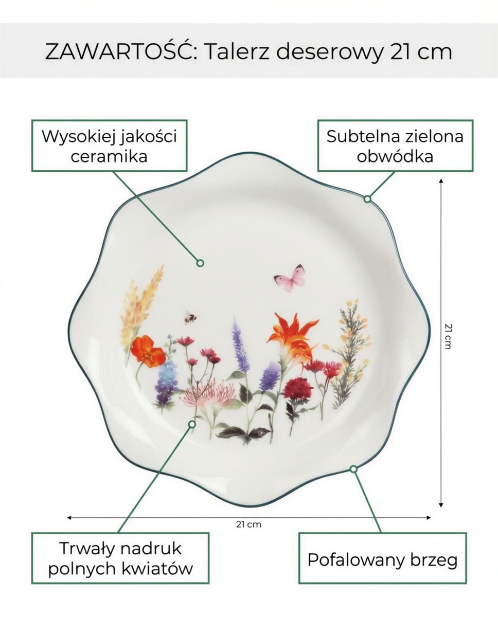 TALERZ DESEROWY ŚNIADANIOWY CERAMICZNY DO SERWOWANIA DESERÓW W KWIATY 21 CM, zdjęcie 11
