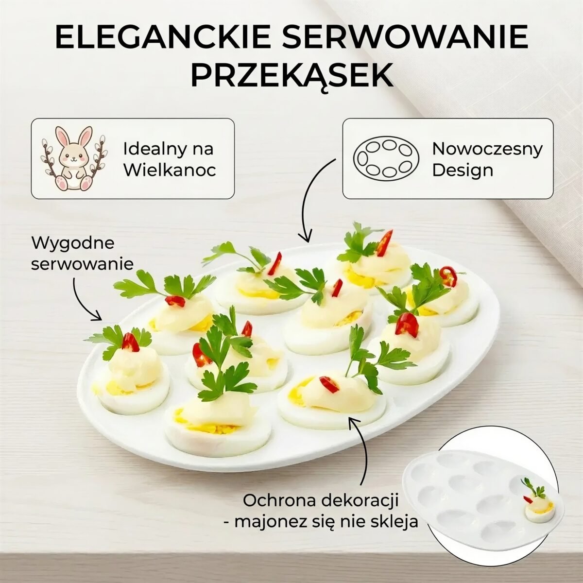 TALERZ NA JAJKA PORCELANOWY BIAŁY NA 10 JAJ DO SEROWANIA PATERA 27×19,5 CM, zdjęcie 8