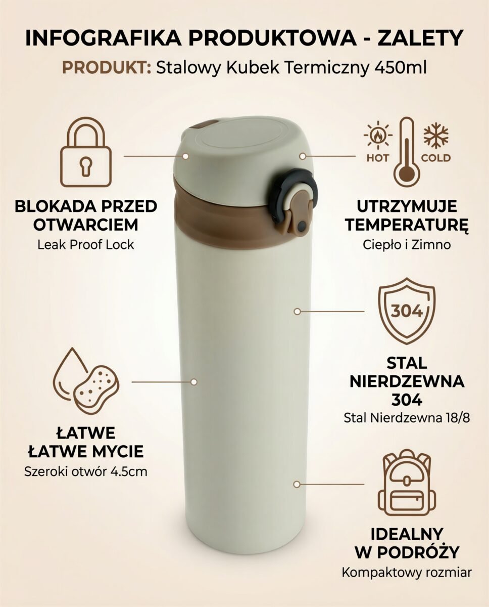 TERMOS KUBEK TERMICZNY TURYSTYCZNY 450 ML DO KAWY HEBARTY WODY Z LODEM, zdjęcie 9