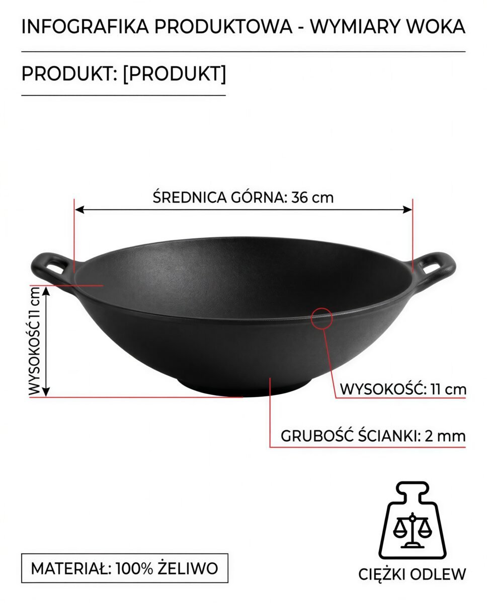 WOK ŻELIWNY PATELNIA CZARNA DO SMAŻENIA I DUSZENIA Ø36 CM SOLIDNY ODLEW, zdjęcie 11