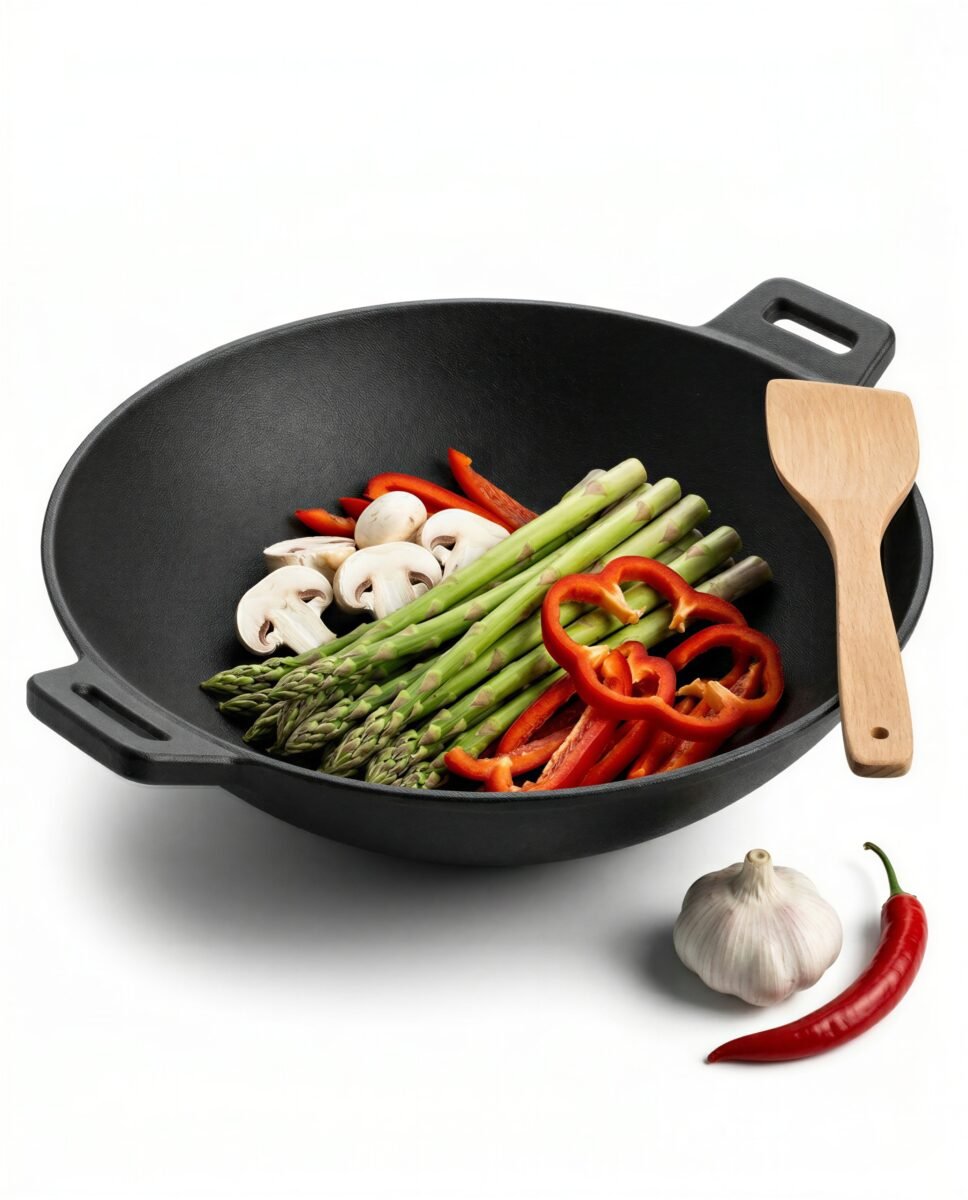WOK ŻELIWNY PATELNIA CZARNA DO SMAŻENIA I DUSZENIA Ø36 CM SOLIDNY ODLEW, zdjęcie 15
