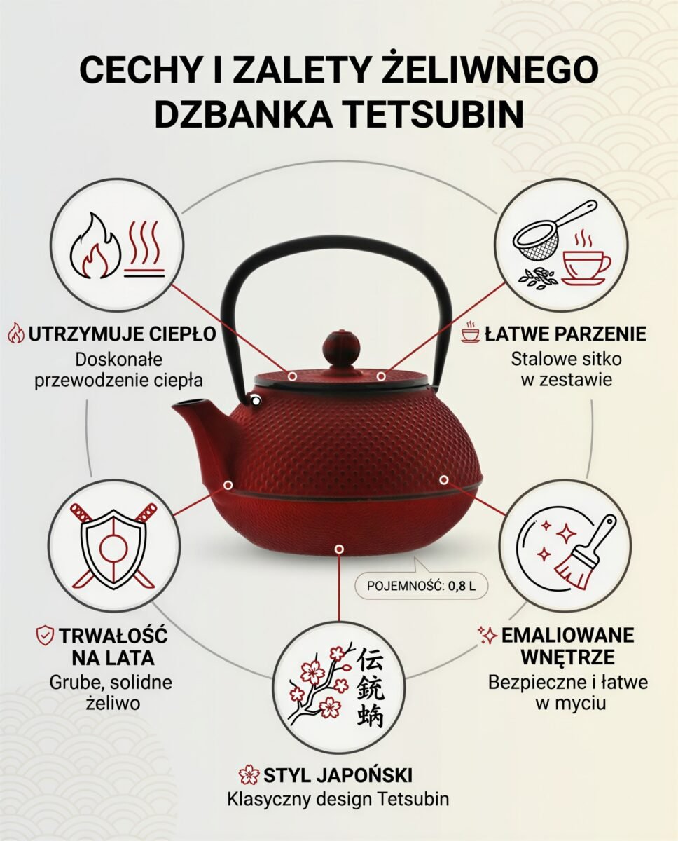 ŻELIWNY DZBANEK IMBRYK DO HERBATY Z ZAPARZACZEM 0,8L CZERWONY + SITKO, zdjęcie 7