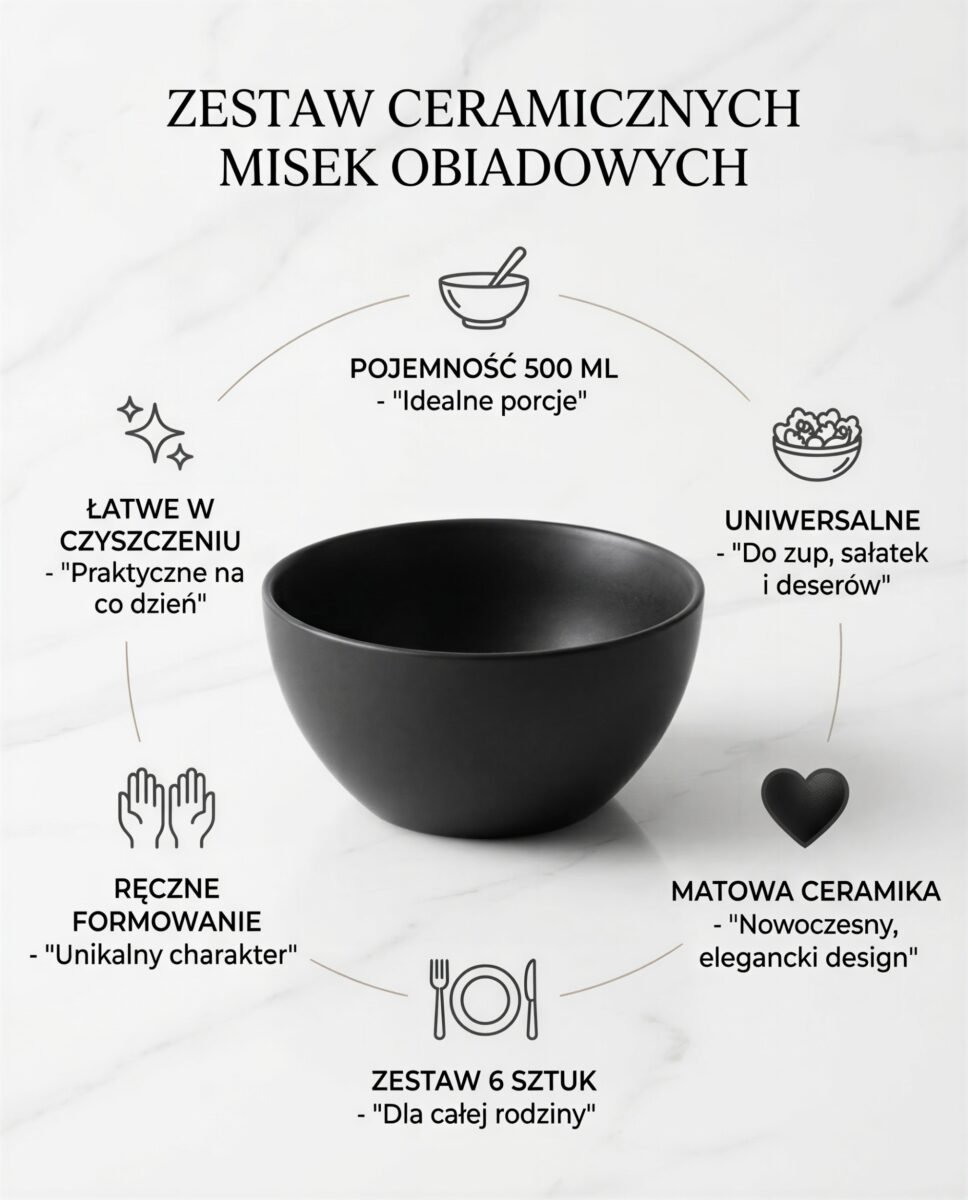 ZESTAW MISEK CERAMICZNYCH DO ZUPY SAŁATEK 6 SZT 500 ML CZARNY MAT, zdjęcie 7