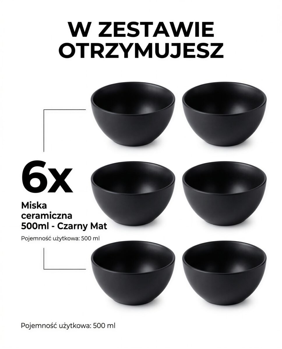 ZESTAW MISEK CERAMICZNYCH DO ZUPY SAŁATEK 6 SZT 500 ML CZARNY MAT, zdjęcie 9